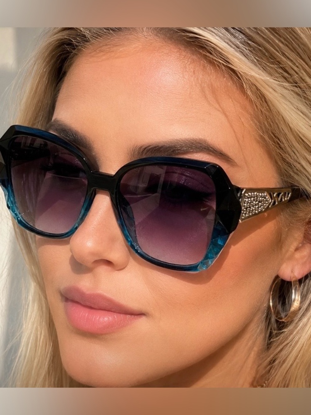 Glam Faceted Blue Ombre Rhinestone Accent Sunglasses